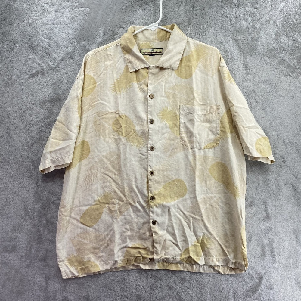 Tommy Bahama Silk Camp Shirt Mens XL Cream Tan Tropical Floral Hawaiian